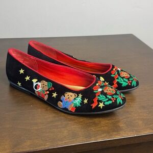 Ellemenno Beary Embroidered Velour Christmas Ballet Flat Womens 7.5 Bear Holly